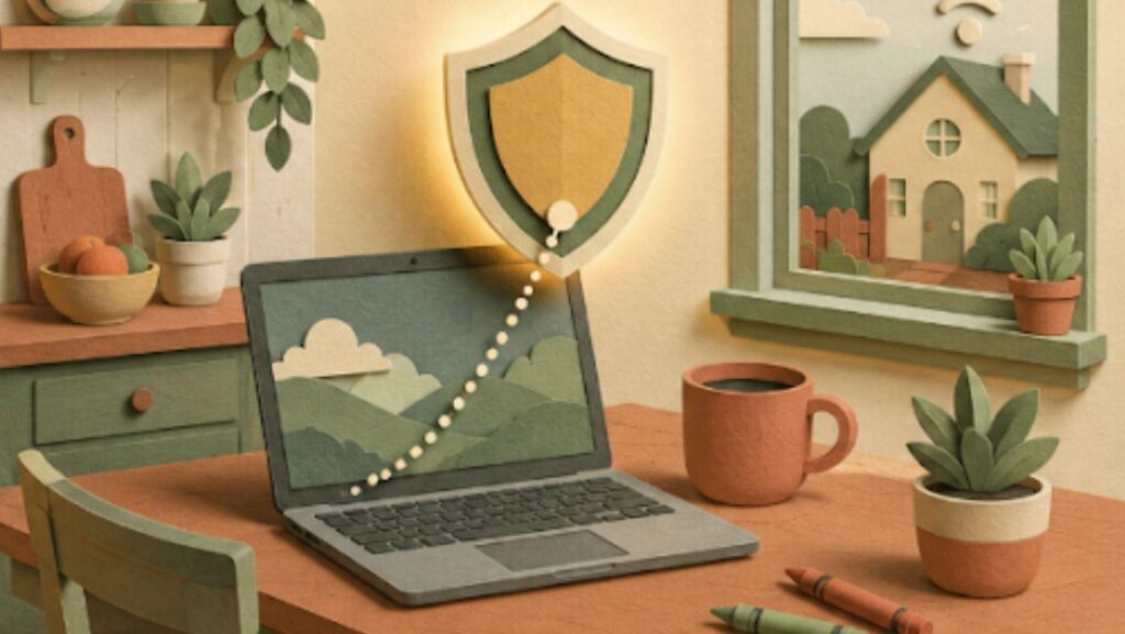 Paper-cut kitchen table with a laptop, coffee mug, and a protective shield above the screen at home